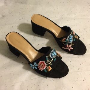 Black Embroidered Flower Beaded Slip On Sandal